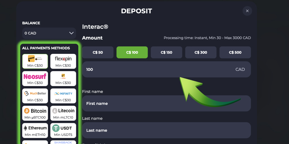 choose payment method and enter amount