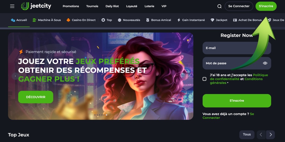 ouvrir le site web et cliquer sur le bouton d'inscription